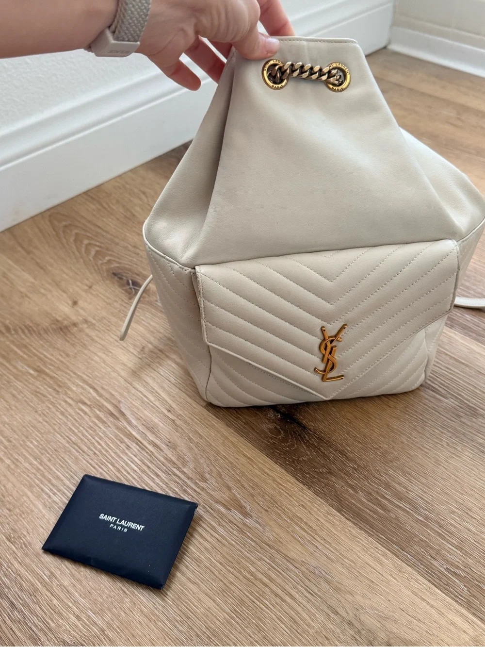 Saint Laurent Off-White Quilted Leather Backpack with Gold YSL Logo